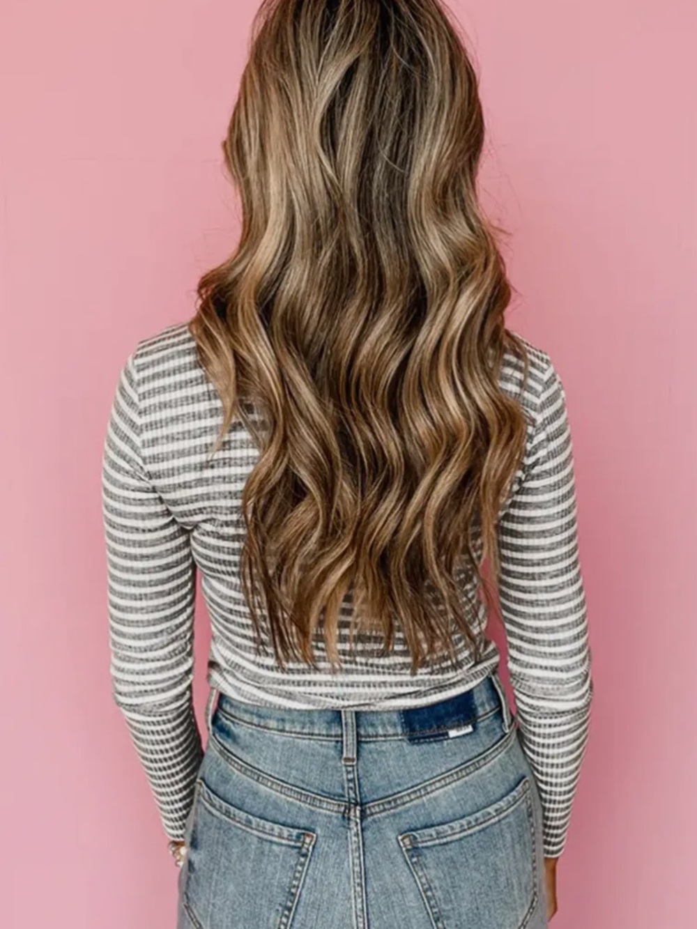 Striped Ribbed Long Sleeve Mock Neck Top - Gray & White - Picture 2 of 2